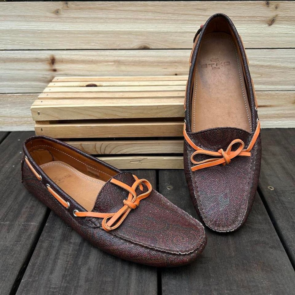 Brown Leather Etro Paisley Print Slip On Loafers Boat Shoes w/ Orange Accents